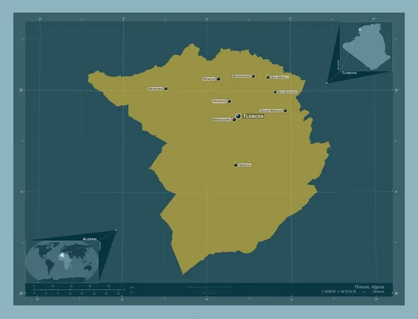 Tlemcen 阿尔及利亚省 固体的颜色形状 该区域主要城市的地点和名称 角辅助位置图 — 图库照片