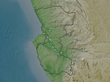 Bengo, Angola vilayeti. Yükseklik haritası göller ve nehirlerle wiki stilinde renklendirilmiştir