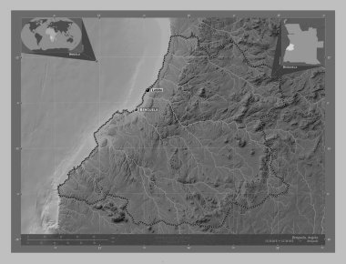 Benguela, Angola vilayeti. Gölleri ve nehirleri olan gri tonlama yükseklik haritası. Bölgenin büyük şehirlerinin yerleri ve isimleri. Köşedeki yedek konum haritaları