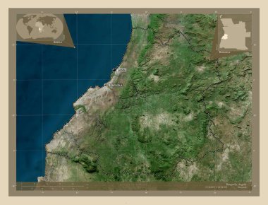 Benguela, Angola vilayeti. Yüksek çözünürlüklü uydu. Bölgenin büyük şehirlerinin yerleri ve isimleri. Köşedeki yedek konum haritaları