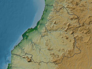 Benguela, Angola vilayeti. Gölleri ve nehirleri olan renkli yükseklik haritası