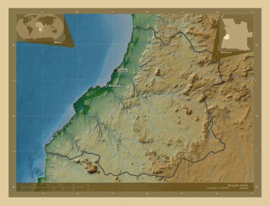 Benguela, Angola vilayeti. Gölleri ve nehirleri olan renkli yükseklik haritası. Bölgenin büyük şehirlerinin yerleri ve isimleri. Köşedeki yedek konum haritaları