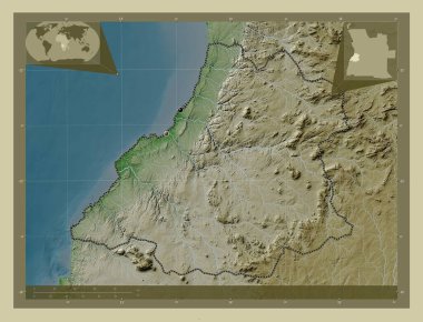 Benguela, Angola vilayeti. Yükseklik haritası göller ve nehirlerle wiki tarzında renklendirilmiş. Bölgenin büyük şehirlerinin yerleri. Köşedeki yedek konum haritaları