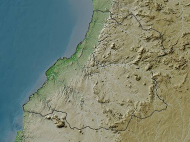 Benguela, Angola vilayeti. Yükseklik haritası göller ve nehirlerle wiki stilinde renklendirilmiştir