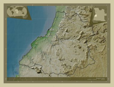 Benguela, Angola vilayeti. Yükseklik haritası göller ve nehirlerle wiki tarzında renklendirilmiş. Bölgenin büyük şehirlerinin yerleri ve isimleri. Köşedeki yedek konum haritaları