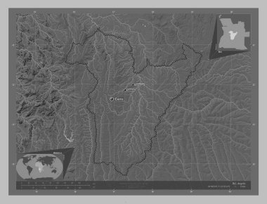 Bie, Angola vilayeti. Gölleri ve nehirleri olan gri tonlama yükseklik haritası. Bölgenin büyük şehirlerinin yerleri ve isimleri. Köşedeki yedek konum haritaları