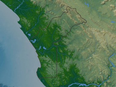Cabinda, Angola vilayeti. Gölleri ve nehirleri olan renkli yükseklik haritası