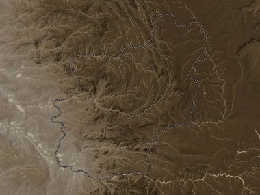 Cuanza Norte, Angola vilayeti. Yükseklik haritası sepya tonlarında göller ve nehirlerle renklendirilmiş