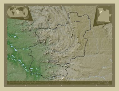 Cuanza Norte, Angola vilayeti. Yükseklik haritası göller ve nehirlerle wiki tarzında renklendirilmiş. Bölgenin büyük şehirlerinin yerleri ve isimleri. Köşedeki yedek konum haritaları