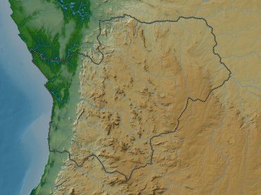 Cuanza Sul, Angola vilayeti. Gölleri ve nehirleri olan renkli yükseklik haritası