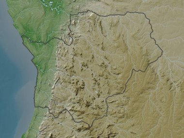 Cuanza Sul, Angola vilayeti. Yükseklik haritası göller ve nehirlerle wiki stilinde renklendirilmiştir