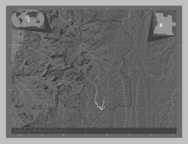 Huambo, Angola vilayeti. Gölleri ve nehirleri olan gri tonlama yükseklik haritası. Köşedeki yedek konum haritaları