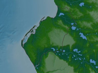 Luanda, Angola vilayeti. Gölleri ve nehirleri olan renkli yükseklik haritası