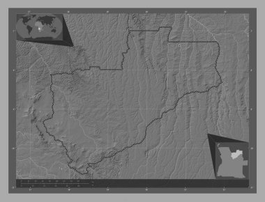 Lunda Norte, Angola vilayeti. Göllü ve nehirli çift katlı yükseklik haritası. Köşedeki yedek konum haritaları