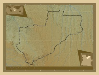 Lunda Norte, Angola vilayeti. Gölleri ve nehirleri olan renkli yükseklik haritası. Köşedeki yedek konum haritaları