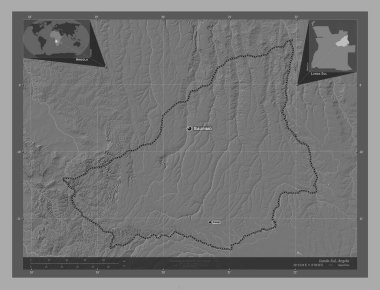 Lunda Sul, Angola vilayeti. Göllü ve nehirli çift katlı yükseklik haritası. Bölgenin büyük şehirlerinin yerleri ve isimleri. Köşedeki yedek konum haritaları