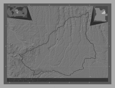 Lunda Sul, Angola vilayeti. Göllü ve nehirli çift katlı yükseklik haritası. Köşedeki yedek konum haritaları