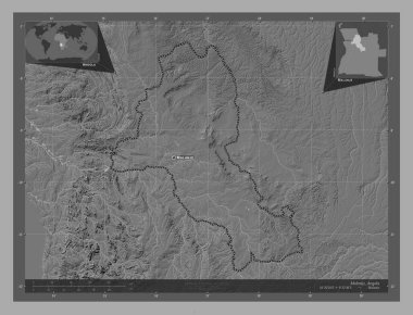 Malanje, Angola vilayeti. Göllü ve nehirli çift katlı yükseklik haritası. Bölgenin büyük şehirlerinin yerleri ve isimleri. Köşedeki yedek konum haritaları