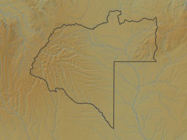 Moxico, Angola vilayeti. Gölleri ve nehirleri olan renkli yükseklik haritası