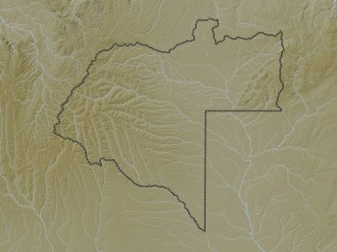 Moxico, Angola vilayeti. Yükseklik haritası göller ve nehirlerle wiki stilinde renklendirilmiştir