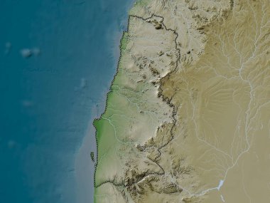 Namibe, Angola vilayeti. Yükseklik haritası göller ve nehirlerle wiki stilinde renklendirilmiştir