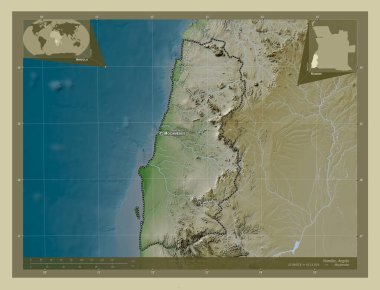 Namibe, Angola vilayeti. Yükseklik haritası göller ve nehirlerle wiki tarzında renklendirilmiş. Bölgenin büyük şehirlerinin yerleri ve isimleri. Köşedeki yedek konum haritaları