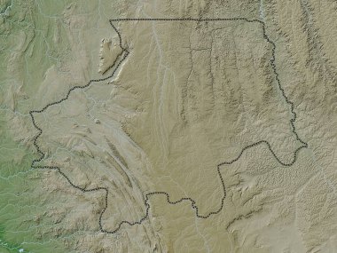 Uige, Angola vilayeti. Yükseklik haritası göller ve nehirlerle wiki stilinde renklendirilmiştir