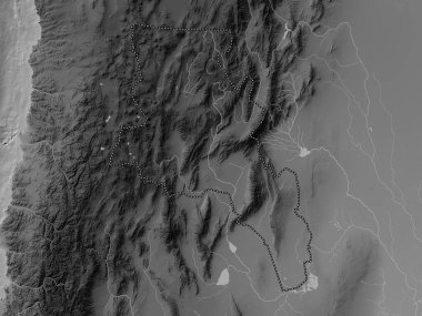 Catamarca, Arjantin vilayeti. Gölleri ve nehirleri olan gri tonlama yükseklik haritası
