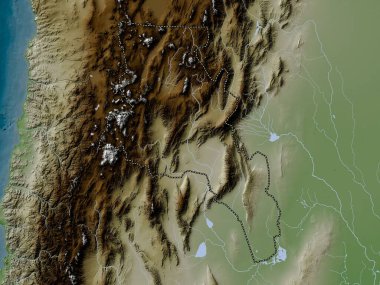 Catamarca, Arjantin vilayeti. Yükseklik haritası göller ve nehirlerle wiki stilinde renklendirilmiştir