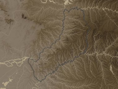Misiones, Arjantin vilayeti. Yükseklik haritası sepya tonlarında göller ve nehirlerle renklendirilmiş