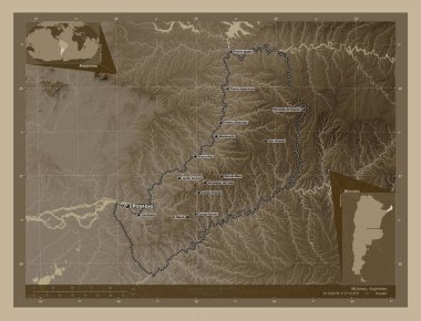 Misiones, Arjantin vilayeti. Yükseklik haritası sepya tonlarında göller ve nehirlerle renklendirilmiş. Bölgenin büyük şehirlerinin yerleri ve isimleri. Köşedeki yedek konum haritaları