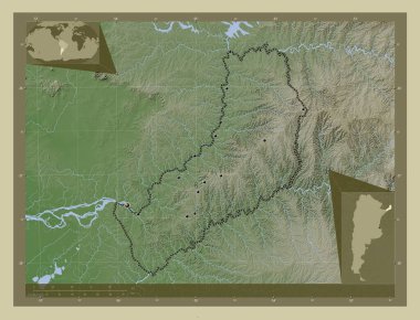 Misiones, Arjantin vilayeti. Yükseklik haritası göller ve nehirlerle wiki tarzında renklendirilmiş. Bölgenin büyük şehirlerinin yerleri. Köşedeki yedek konum haritaları