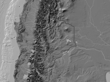 Neuquen, Arjantin vilayeti. Gölleri ve nehirleri olan çift seviyeli yükseklik haritası