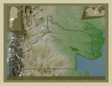 Rio Negro, Arjantin ili. Yükseklik haritası göller ve nehirlerle wiki tarzında renklendirilmiş. Bölgenin büyük şehirlerinin yerleri. Köşedeki yedek konum haritaları