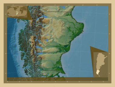 Santa Cruz, Arjantin vilayeti. Gölleri ve nehirleri olan renkli yükseklik haritası. Köşedeki yedek konum haritaları