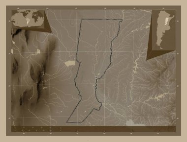 Santa Fe, Arjantin eyaleti. Yükseklik haritası sepya tonlarında göller ve nehirlerle renklendirilmiş. Köşedeki yedek konum haritaları