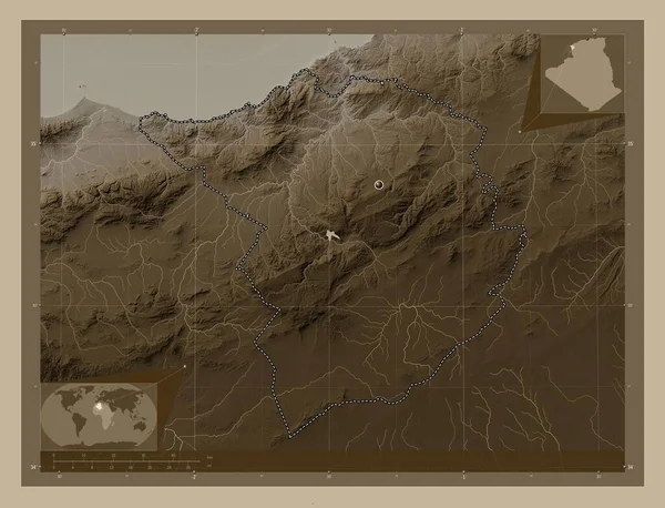 Tlemcen Επαρχία Της Αλγερίας Υψόμετρο Χάρτη Χρωματισμένο Τόνους Σέπια Λίμνες — Φωτογραφία Αρχείου