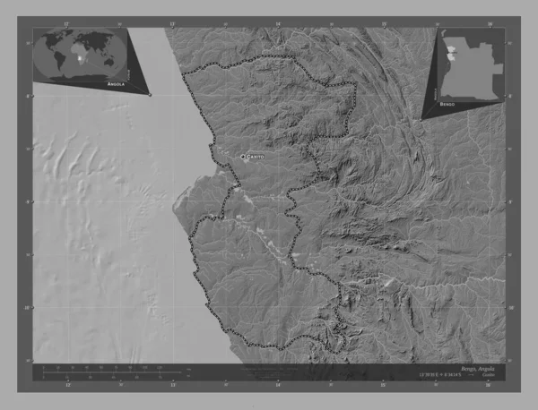 Bengo Provincia Angola Mapa Elevación Bilevel Con Lagos Ríos Ubicaciones — Foto de Stock