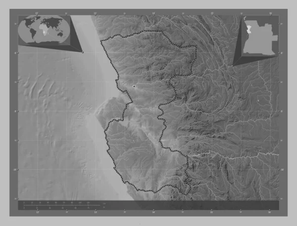 Bengo Province Angola Grayscale Elevation Map Lakes Rivers Locations Major — Stock Photo, Image