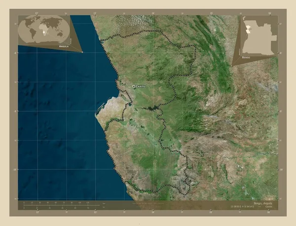 アンゴラ共和国のベンゴ県 高解像度衛星地図 地域の主要都市の位置と名前 コーナー補助位置図 — ストック写真
