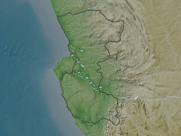Bengo, Angola vilayeti. Yükseklik haritası göller ve nehirlerle wiki stilinde renklendirilmiştir