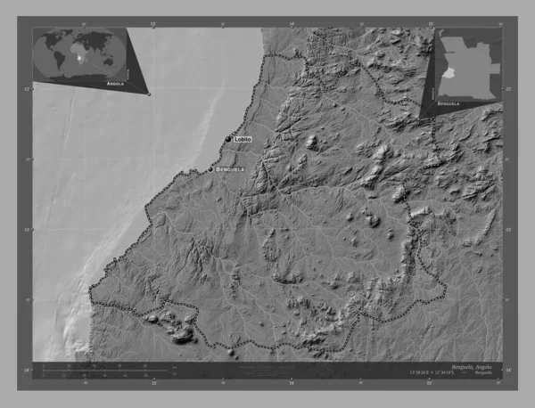 Benguela, Angola vilayeti. Göllü ve nehirli çift katlı yükseklik haritası. Bölgenin büyük şehirlerinin yerleri ve isimleri. Köşedeki yedek konum haritaları