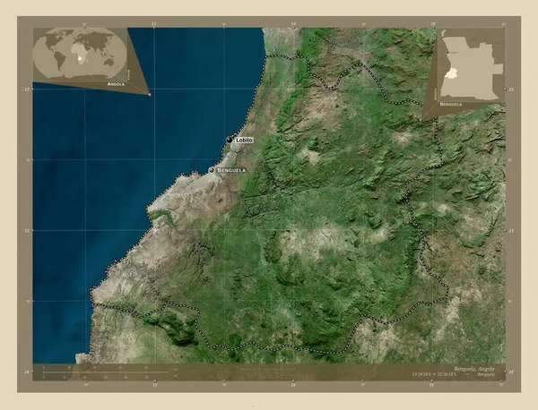 アンゴラのベングエラ州 高解像度衛星地図 地域の主要都市の位置と名前 コーナー補助位置図 — ストック写真