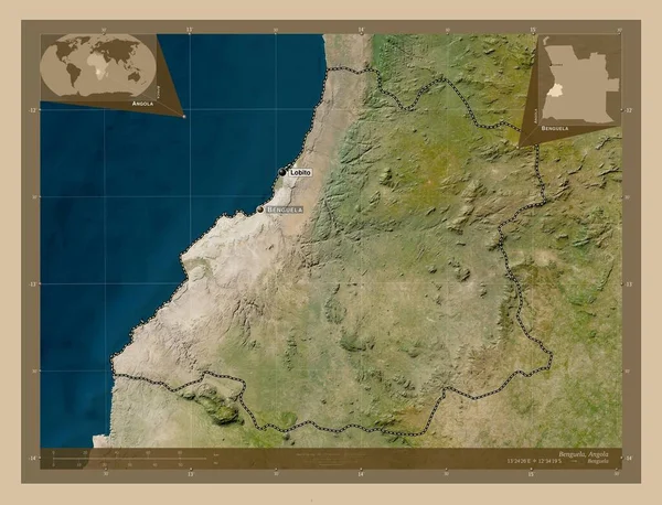 アンゴラのベングエラ州 低解像度衛星地図 地域の主要都市の位置と名前 コーナー補助位置図 — ストック写真