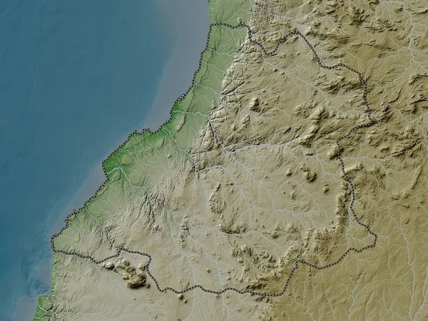 Benguela, Angola vilayeti. Yükseklik haritası göller ve nehirlerle wiki stilinde renklendirilmiştir