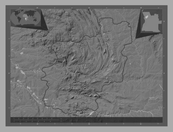 アンゴラ共和国のカカンサ ノルテ州 湖や川と二階の標高マップ 地域の主要都市の場所 コーナー補助位置図 — ストック写真