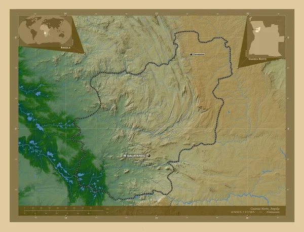 アンゴラ共和国のカカンサ ノルテ州 湖や川と色の標高マップ 地域の主要都市の位置と名前 コーナー補助位置図 — ストック写真