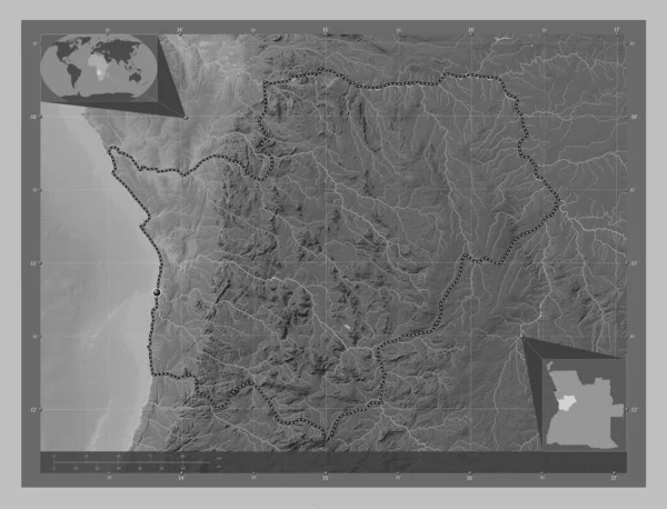 Cuanza Sul 安哥拉省 带有湖泊和河流的灰度高程图 角辅助位置图 — 图库照片
