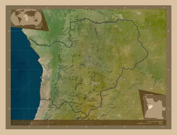 アンゴラ共和国のカカンサ スル県 低解像度衛星地図 地域の主要都市の位置と名前 コーナー補助位置図 — ストック写真