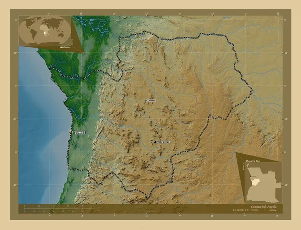 Cuanza Sul Provincie Angola Gekleurde Hoogtekaart Met Meren Rivieren Locaties — Stockfoto